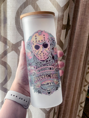 Spooky Crystal Lake Glass Tumbler with Bamboo Lid
