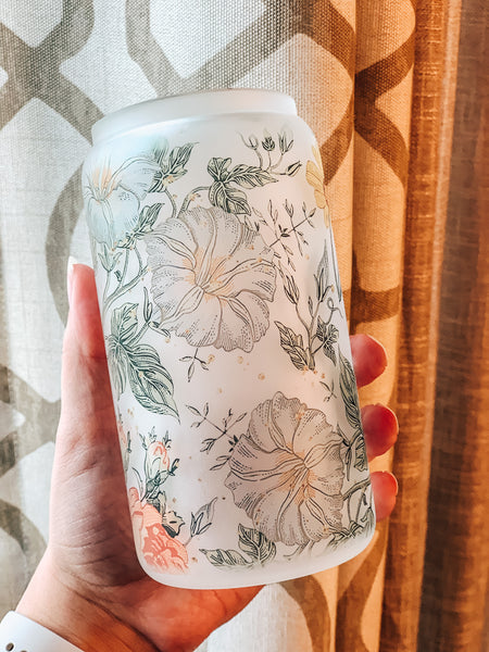 Vintage Floral Glass Tumbler with Bamboo Lid